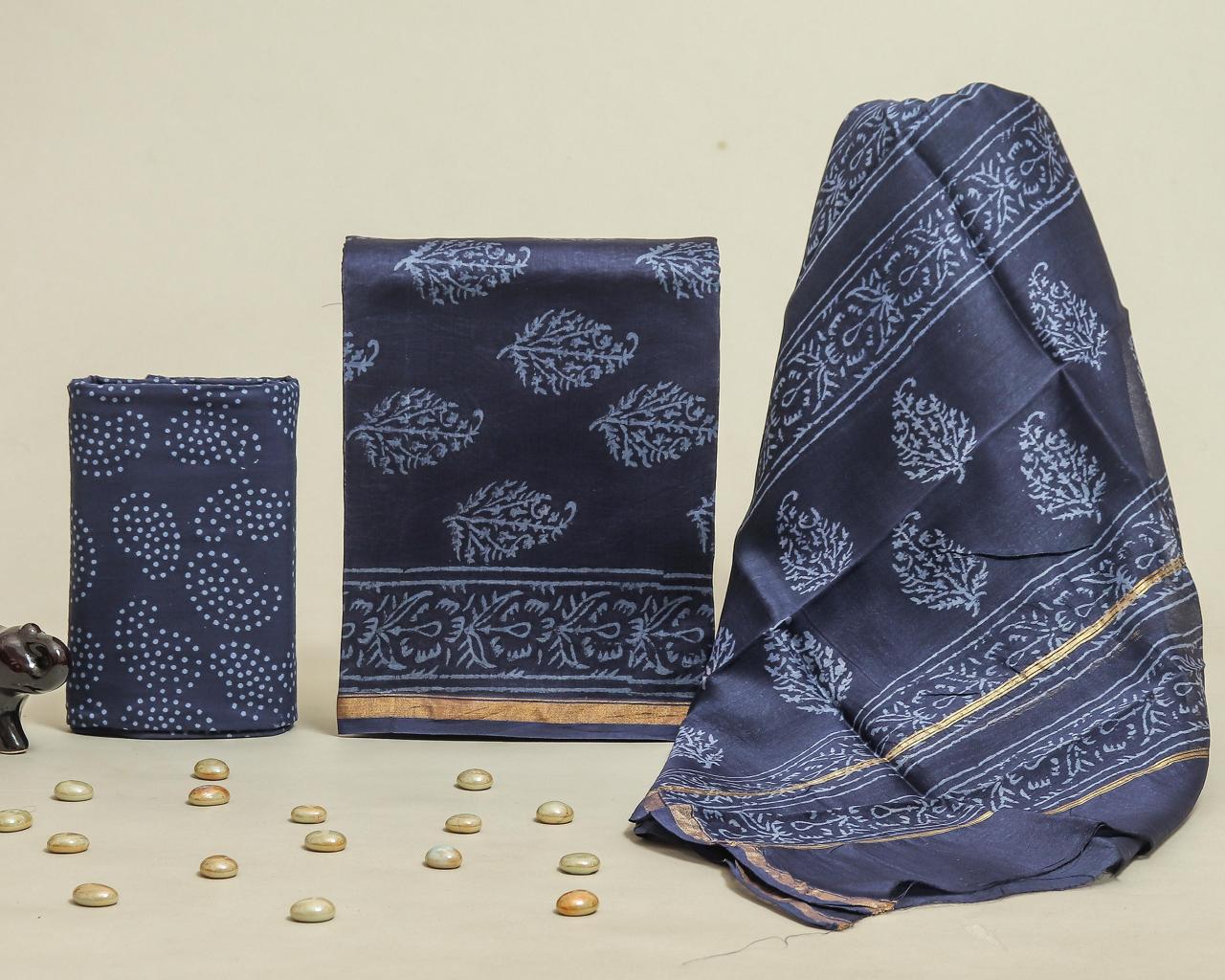 Designer Handblock Printed Chanderi Silk Suit Set