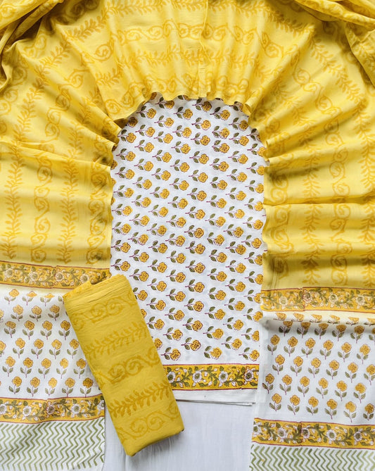 Pure Soft Cotton Hand Block Printed Suit Set With Cotton Dupatta