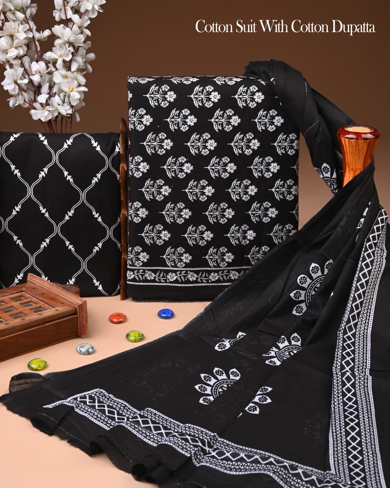 Designer Hand Block Printed Cotton Suit Set With Cotton Dupatta