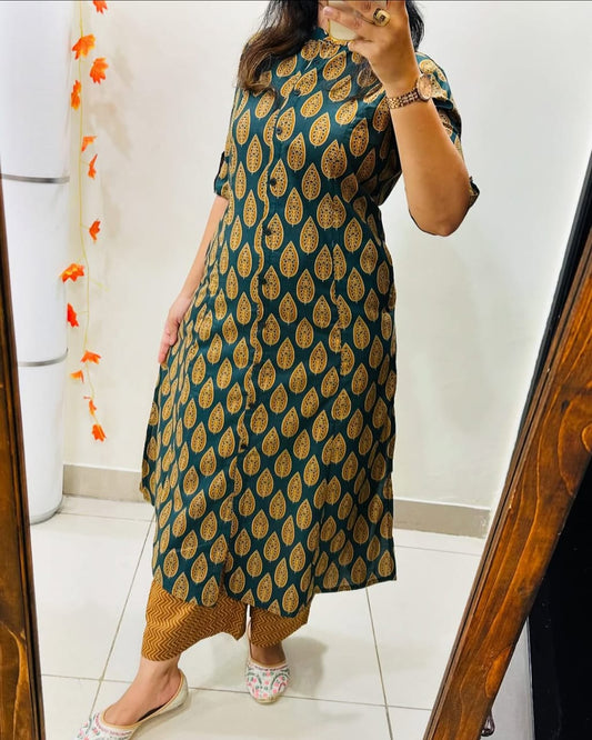 Premium Floral Fine Cotton Printed A-Line Pattern Kurti-Palazzo Set