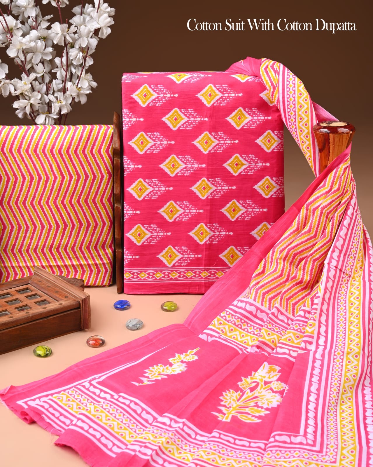 Designer Hand Block Printed Cotton Suit Set With Cotton Dupatta
