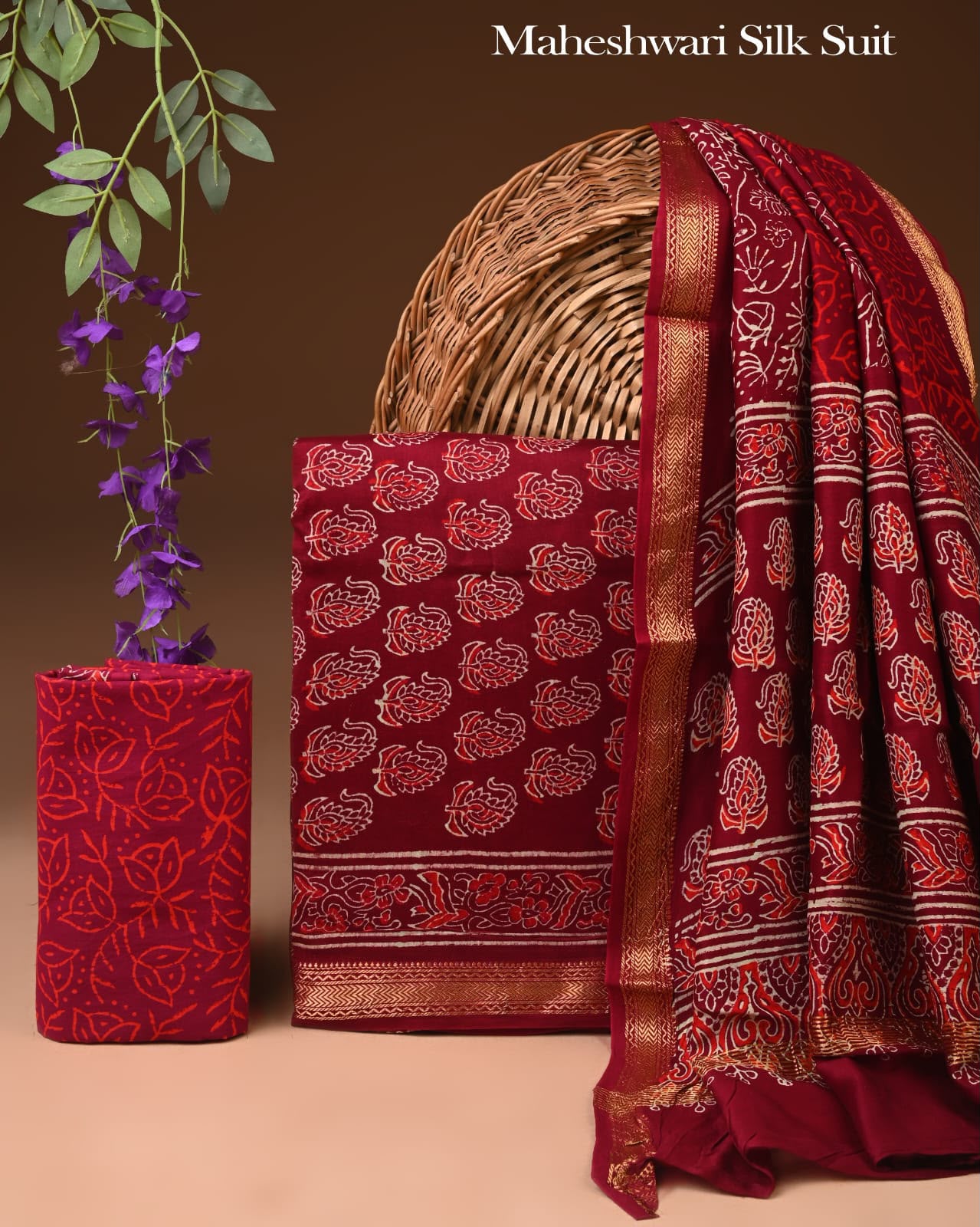 Premium Designer Handblock Printed Maheshwari Silk Suit Set