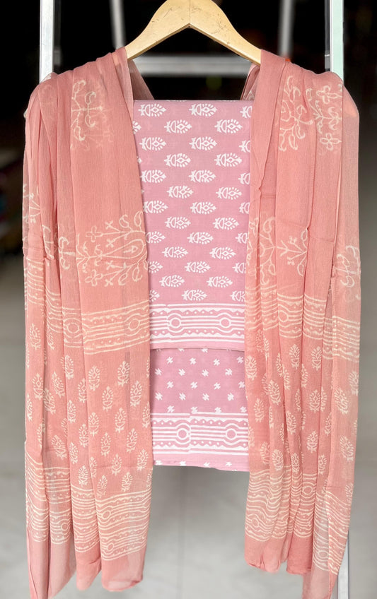 Pure Soft Cotton Hand Block Printed Suit Set With Chiffon Dupatta