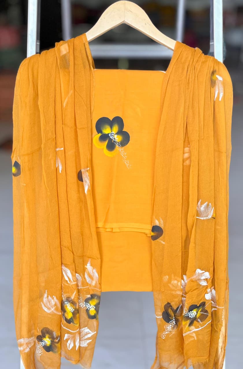 Pure Cotton Hand Block Printed Suit Set With Chiffon Dupatta