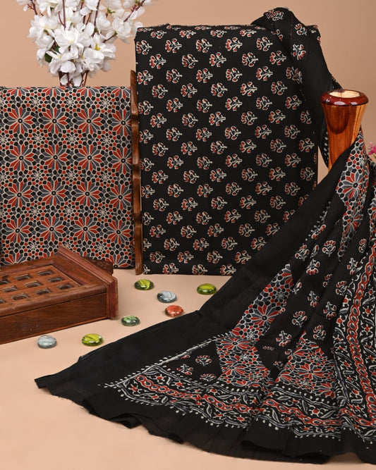 Designer Hand Block Printed Cotton Suit Set With Cotton Dupatta