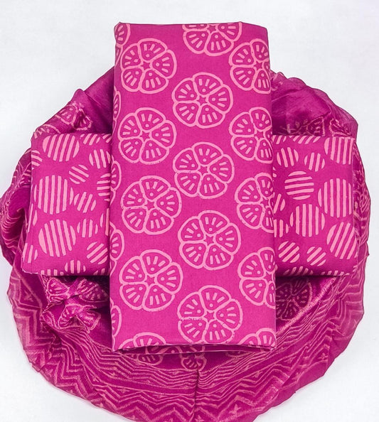 Pure Cotton Hand Block Printed Suit Set With Chiffon Dupatta