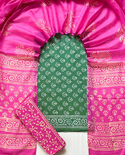 Pure Soft Cotton Hand Block Printed Suit Set With Cotton Dupatta