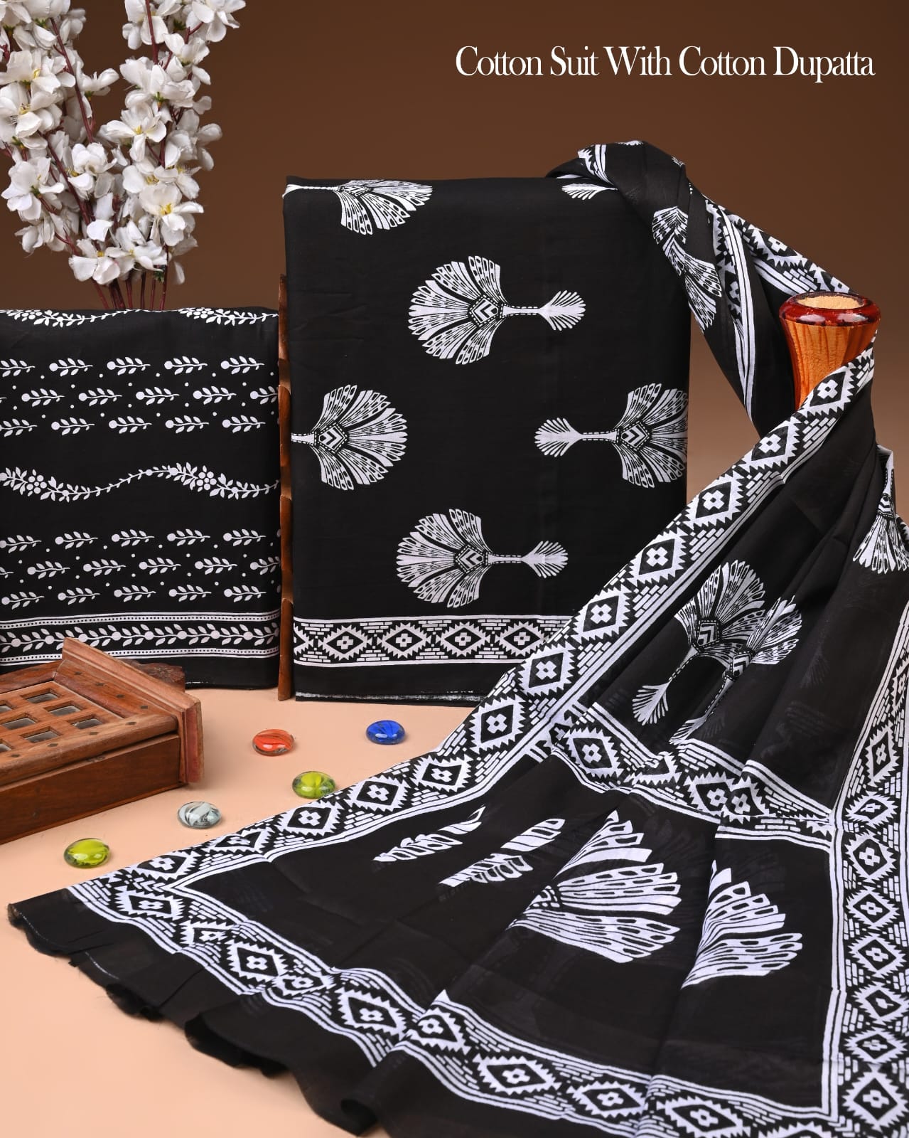 Designer Hand Block Printed Cotton Suit Set With Cotton Dupatta