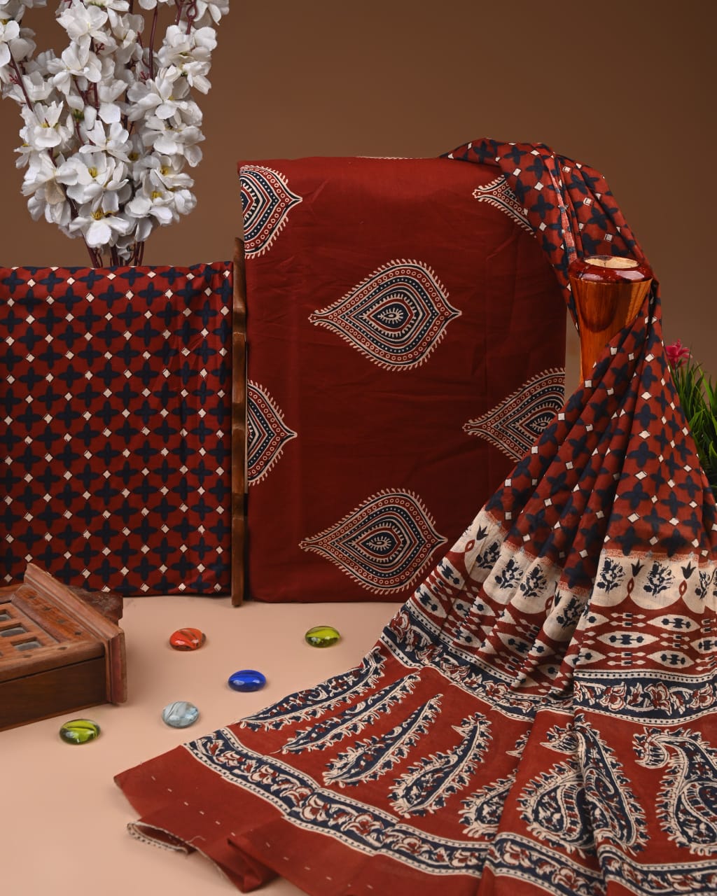 Designer Hand Block Printed Cotton Suit Set With Cotton Dupatta