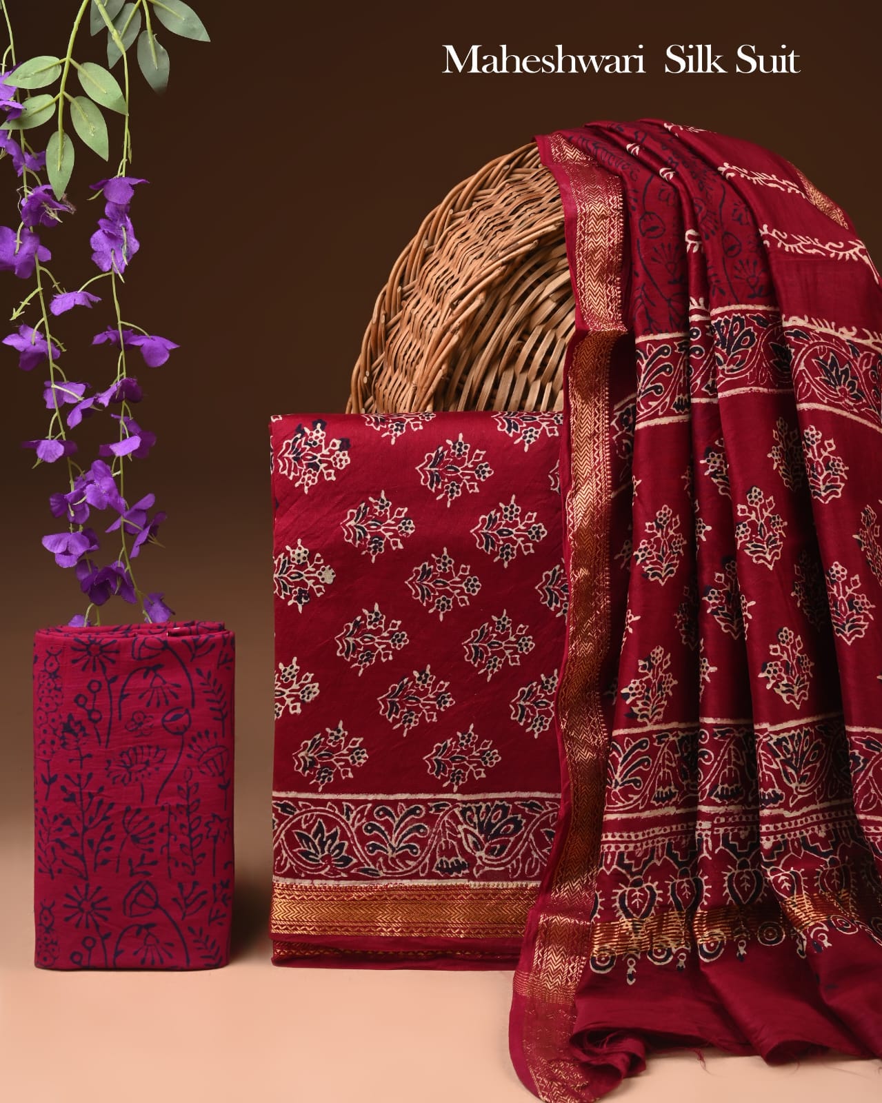 Premium Designer Handblock Printed Maheshwari Silk Suit Set