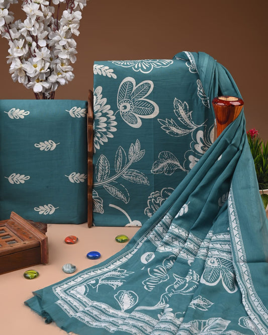 Designer Hand Block Printed Cotton Suit Set With Cotton Dupatta