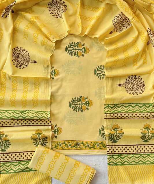 Pure Soft Cotton Hand Block Printed Suit Set With Cotton Dupatta