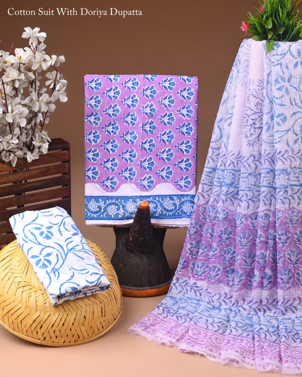 Pure Cotton Hand Block Printed Suit Set With Kota Doria Dupatta
