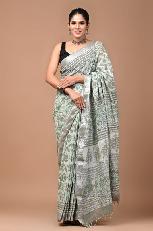 Pure Cotton Linen Handblock Printed Saree With Blouse