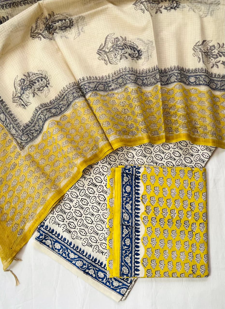 Pure Cotton Hand Block Printed Suit Set With Kota Doria Dupatta