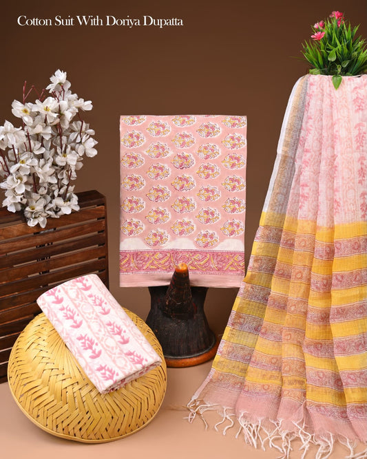 Pure Cotton Hand Block Printed Suit Set With Kota Doria Dupatta