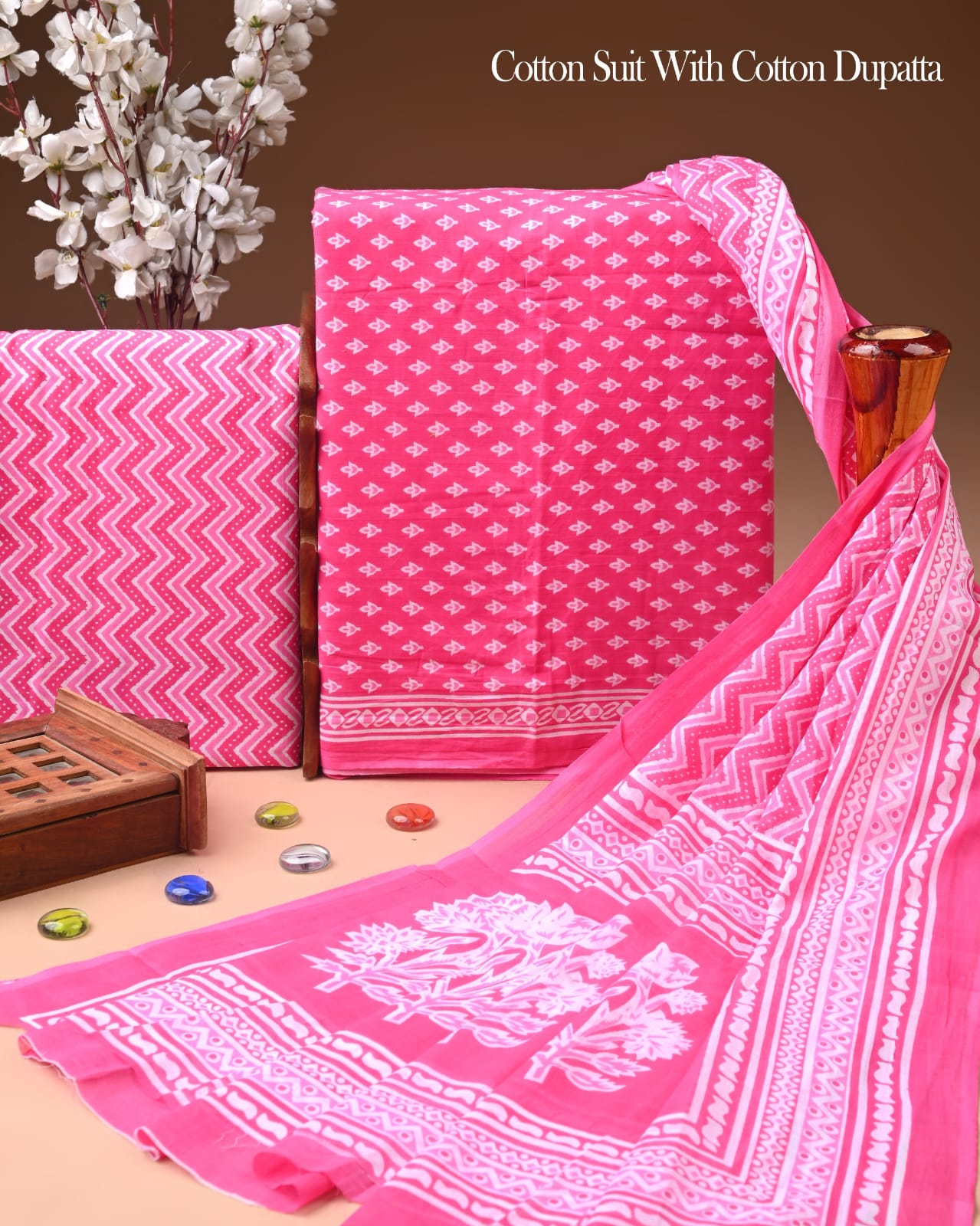 Pure Soft Cotton Hand Block Printed Suit Set With Cotton Dupatta