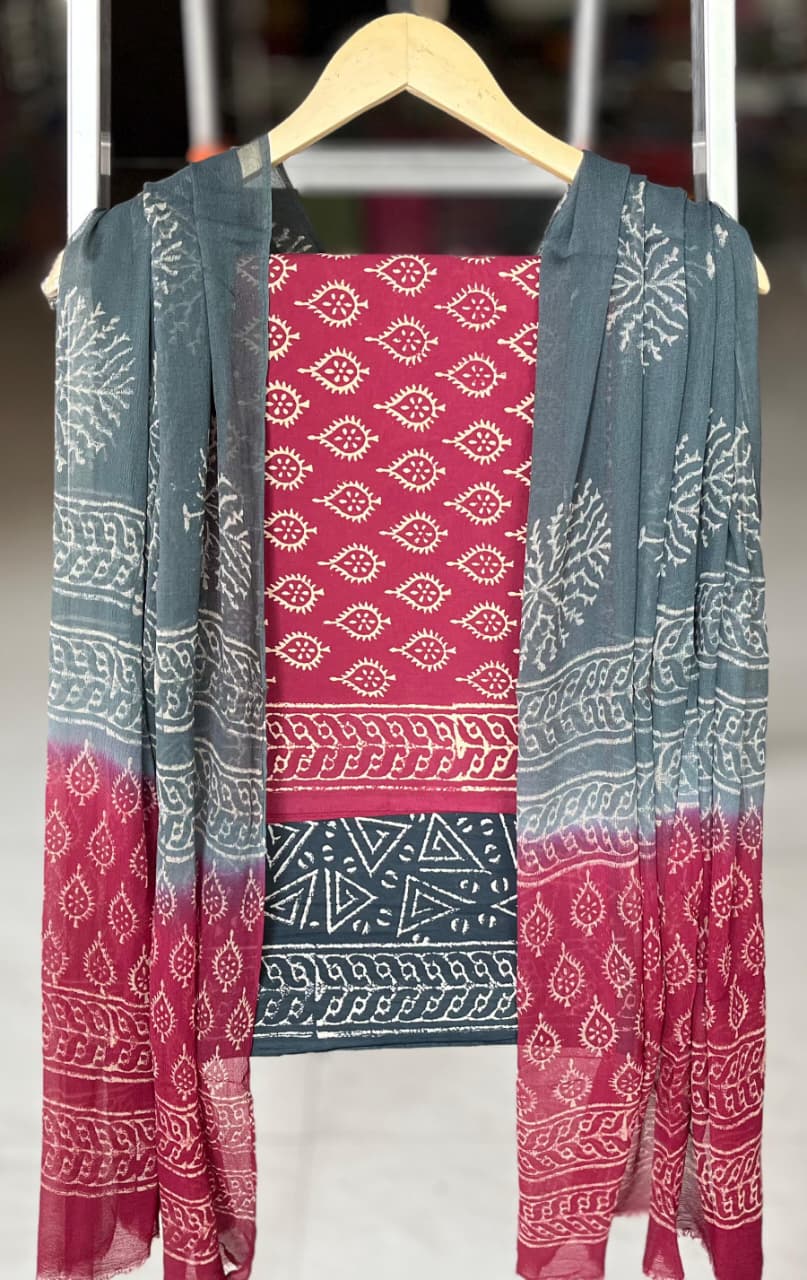 Pure Cotton Hand Block Printed Suit Set With Chiffon Dupatta