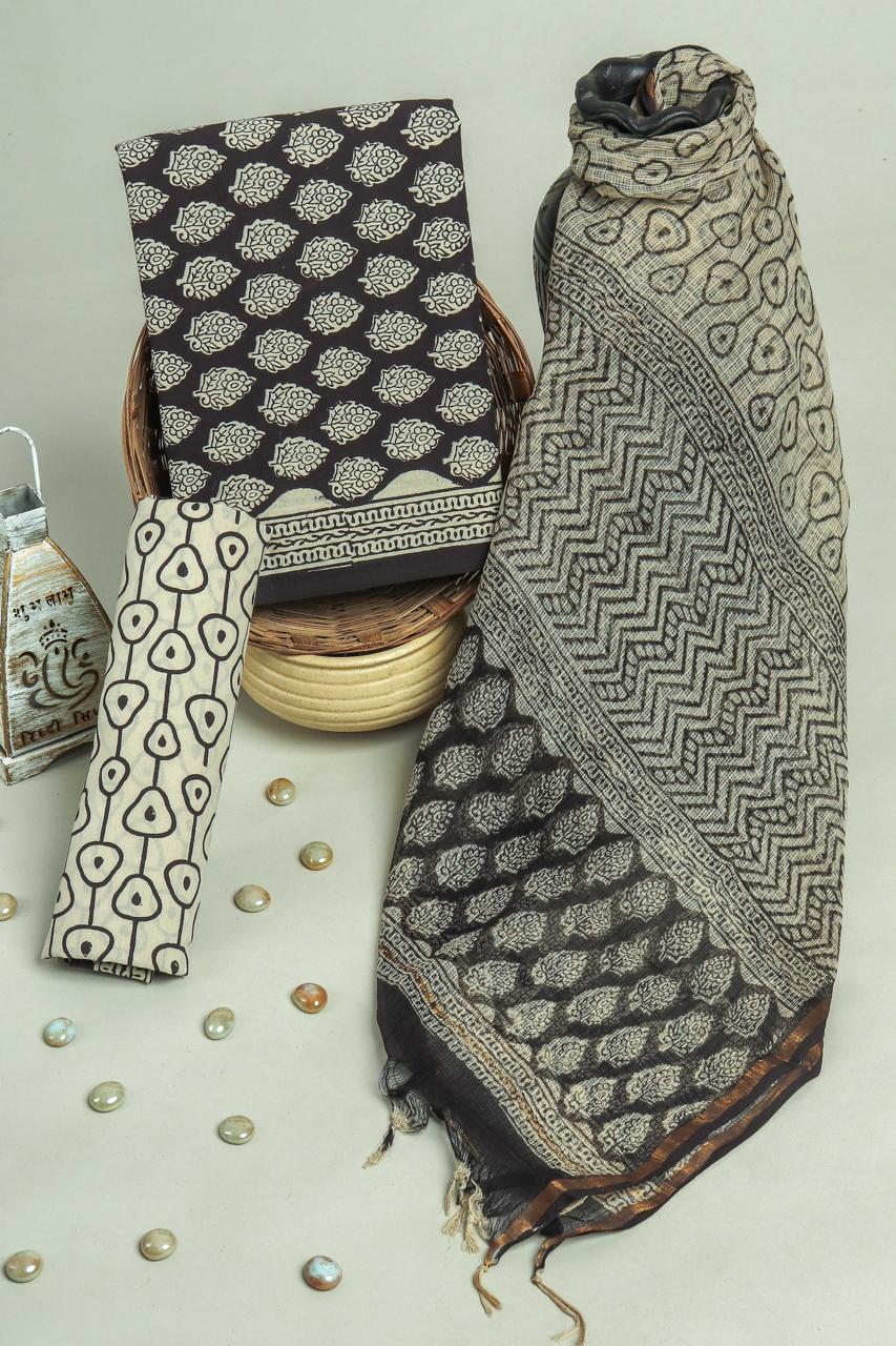 Pure Cotton Hand Block Printed Suit Set With Kota Doria Dupatta