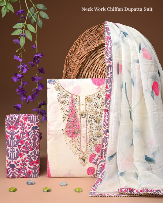 Premium Gota Patti Work Cotton Suit Set With Chiffon Dupatta