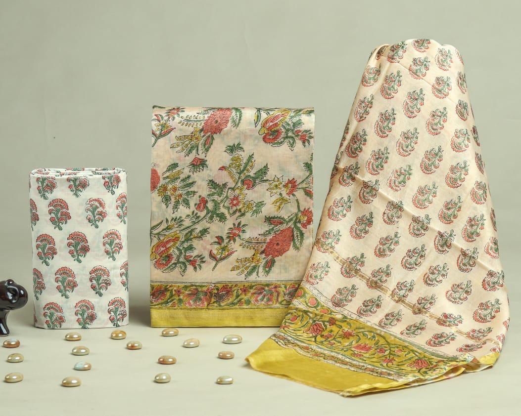 Designer Handblock Printed Chanderi Silk Suit Set