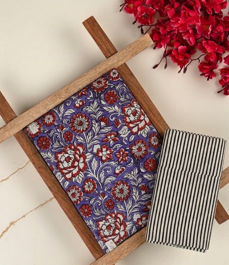 Pure Soft Cotton Handblock Printed 2PC Top-Bottom Suit Set (2.50 Meter Each)