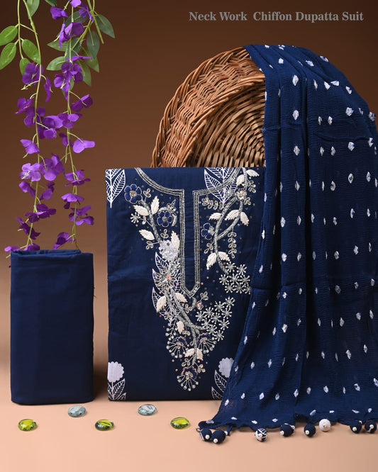 Premium Gota Patti Work Cotton Suit Set With Chiffon Dupatta