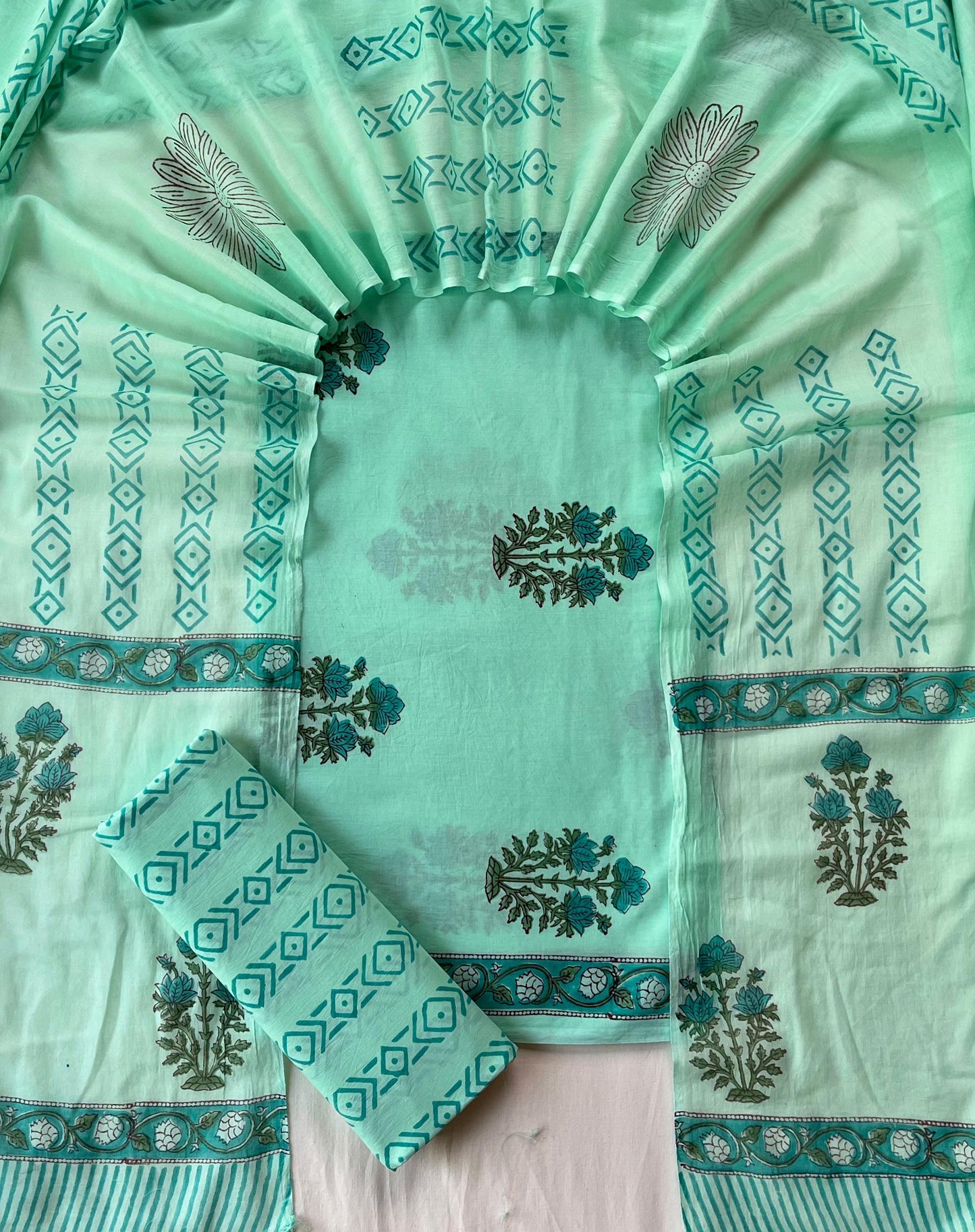 Pure Soft Cotton Hand Block Printed Suit Set With Cotton Dupatta