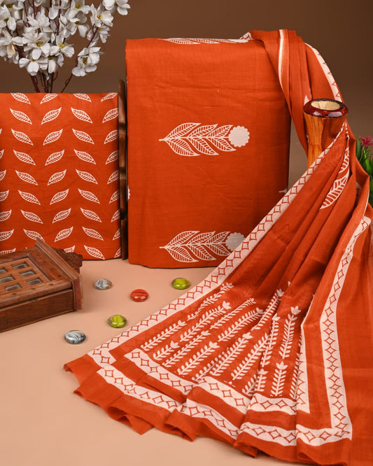 Designer Hand Block Printed Cotton Suit Set With Cotton Dupatta
