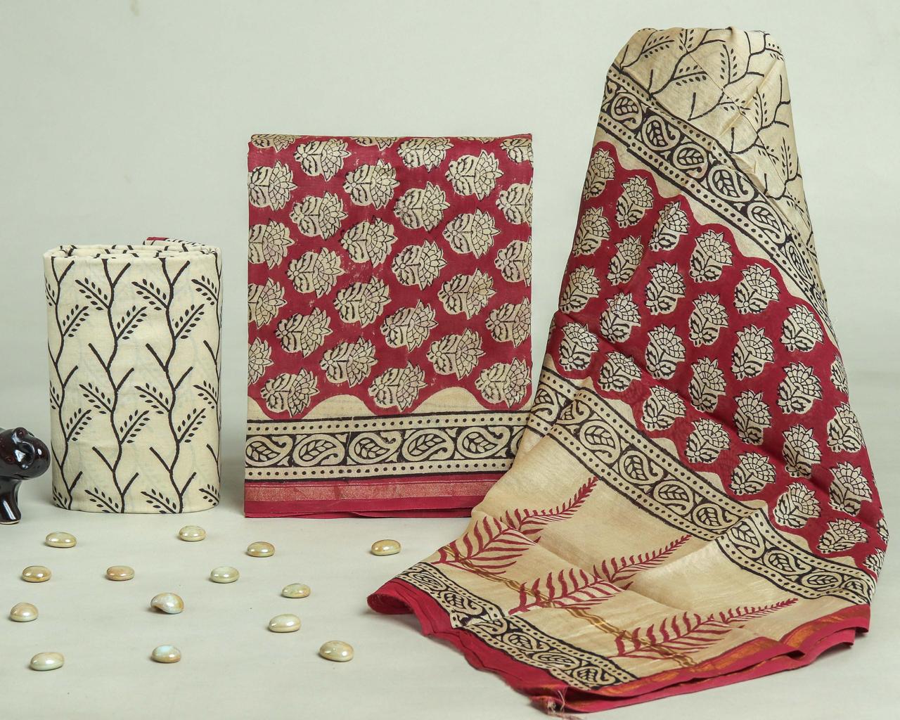 Designer Handblock Printed Chanderi Silk Suit Set