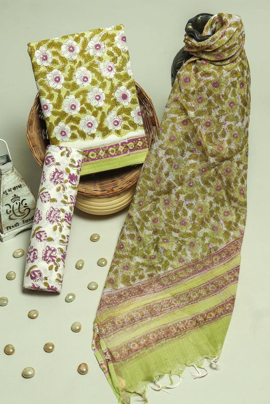 Pure Cotton Hand Block Printed Suit Set With Kota Doria Dupatta