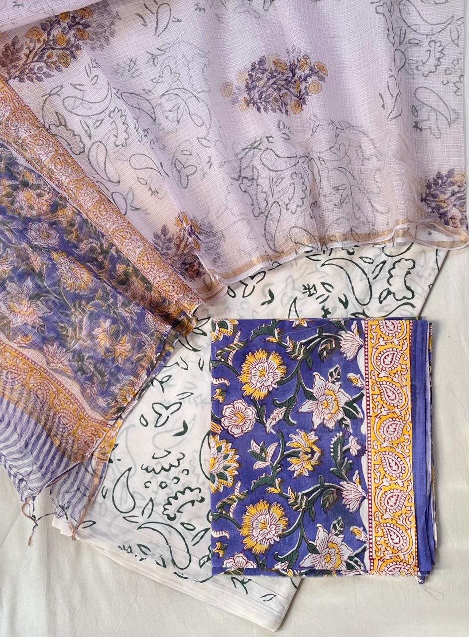 Pure Cotton Hand Block Printed Suit Set With Kota Doria Dupatta