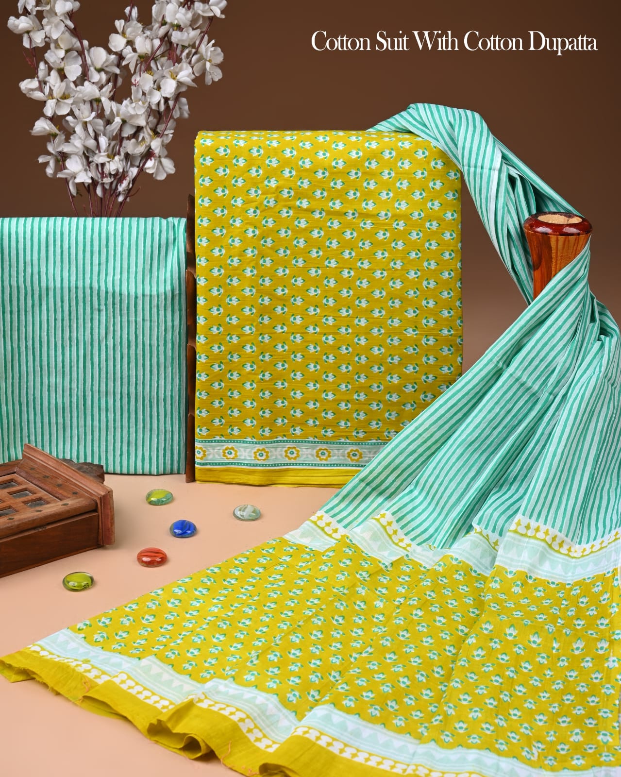 Pure Soft Cotton Hand Block Printed Suit Set With Cotton Dupatta