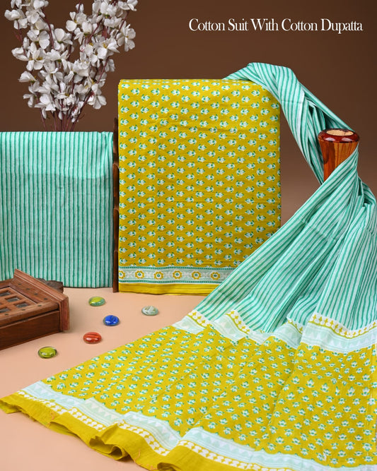 Pure Soft Cotton Hand Block Printed Suit Set With Cotton Dupatta