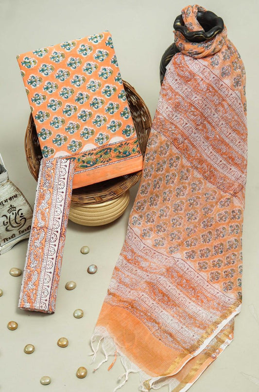 Pure Cotton Hand Block Printed Suit Set With Kota Doria Dupatta