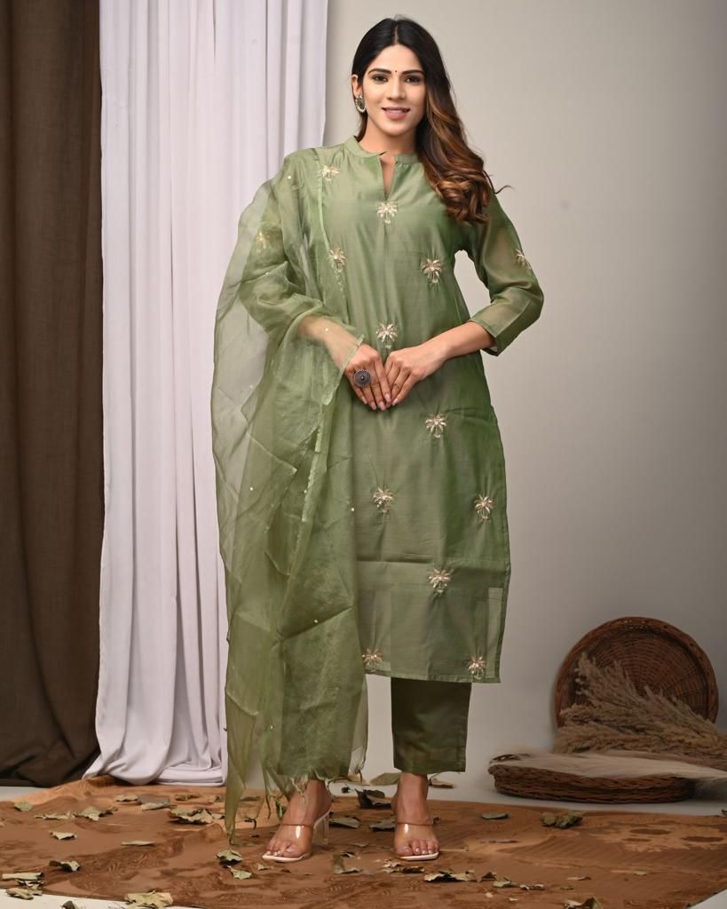 Elegant Coral Chanderi Silk Hand-Embroidered Suit Set with Dupatta