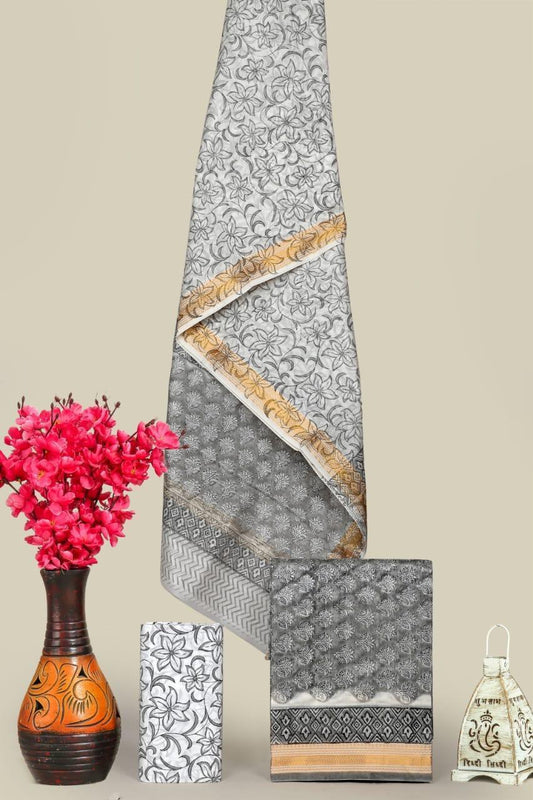 Designer Handblock Printed Maheshwari Silk Suit Set