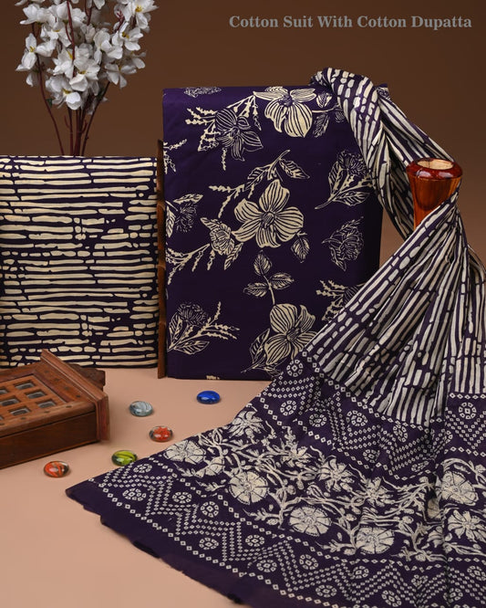 Designer Hand Block Printed Cotton Suit Set With Cotton Dupatta