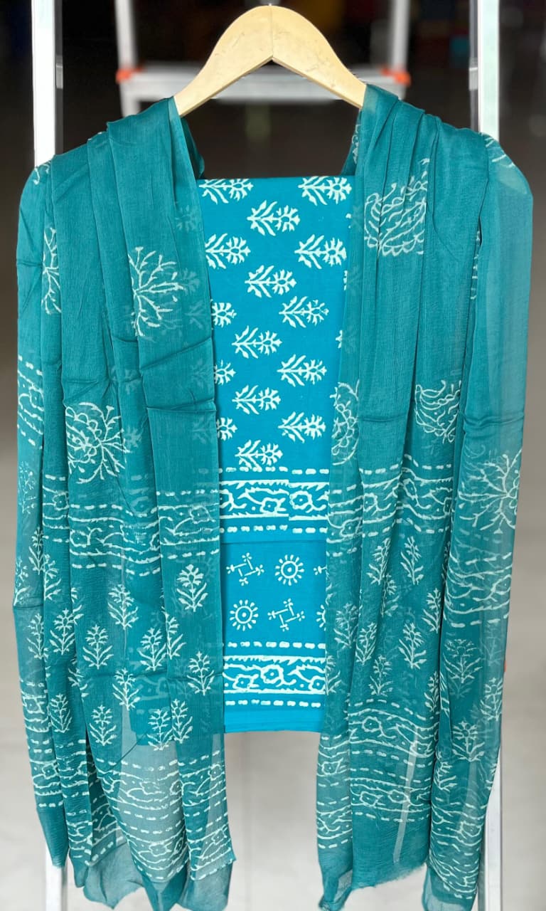 Pure Cotton Hand Block Printed Suit Set With Chiffon Dupatta