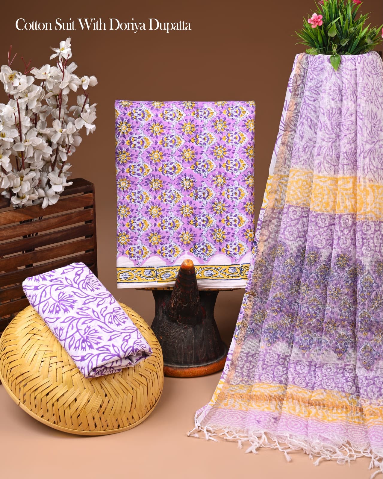 Pure Cotton Hand Block Printed Suit Set With Kota Doria Dupatta