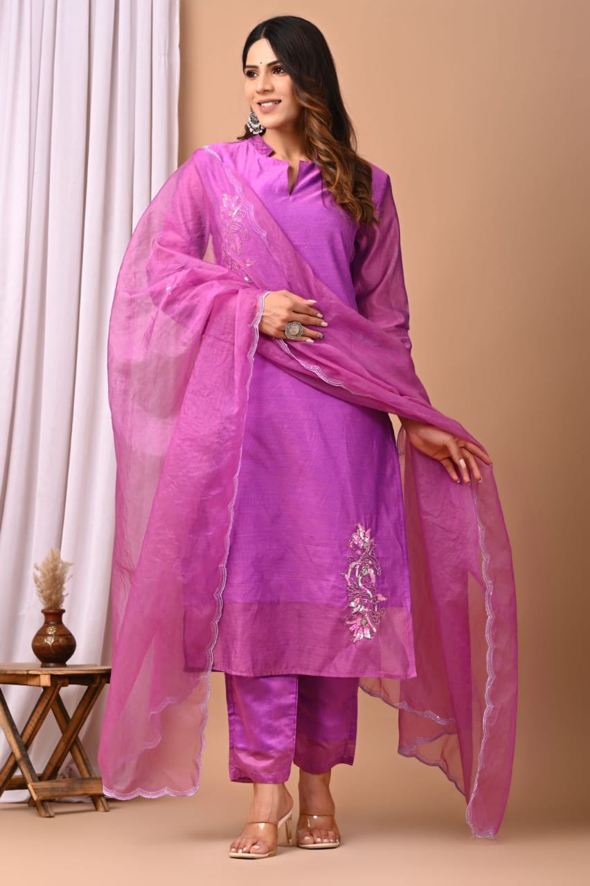 Elegant Coral Chanderi Silk Hand-Embroidered Suit Set with Dupatta