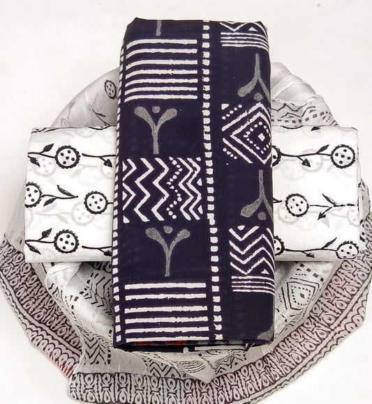 Pure Cotton Hand Block Printed Suit Set With Chiffon Dupatta