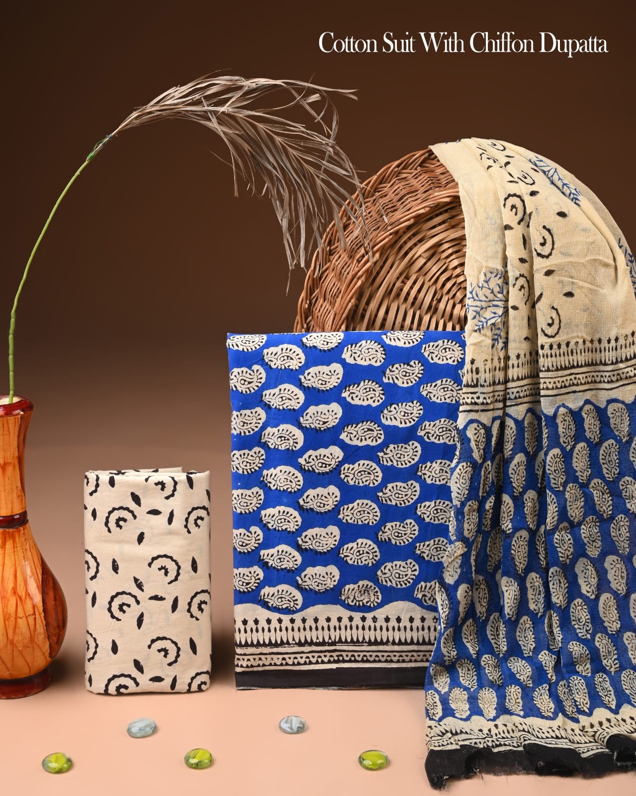 Pure Cotton Hand Block Printed Suit Set With Chiffon Dupatta