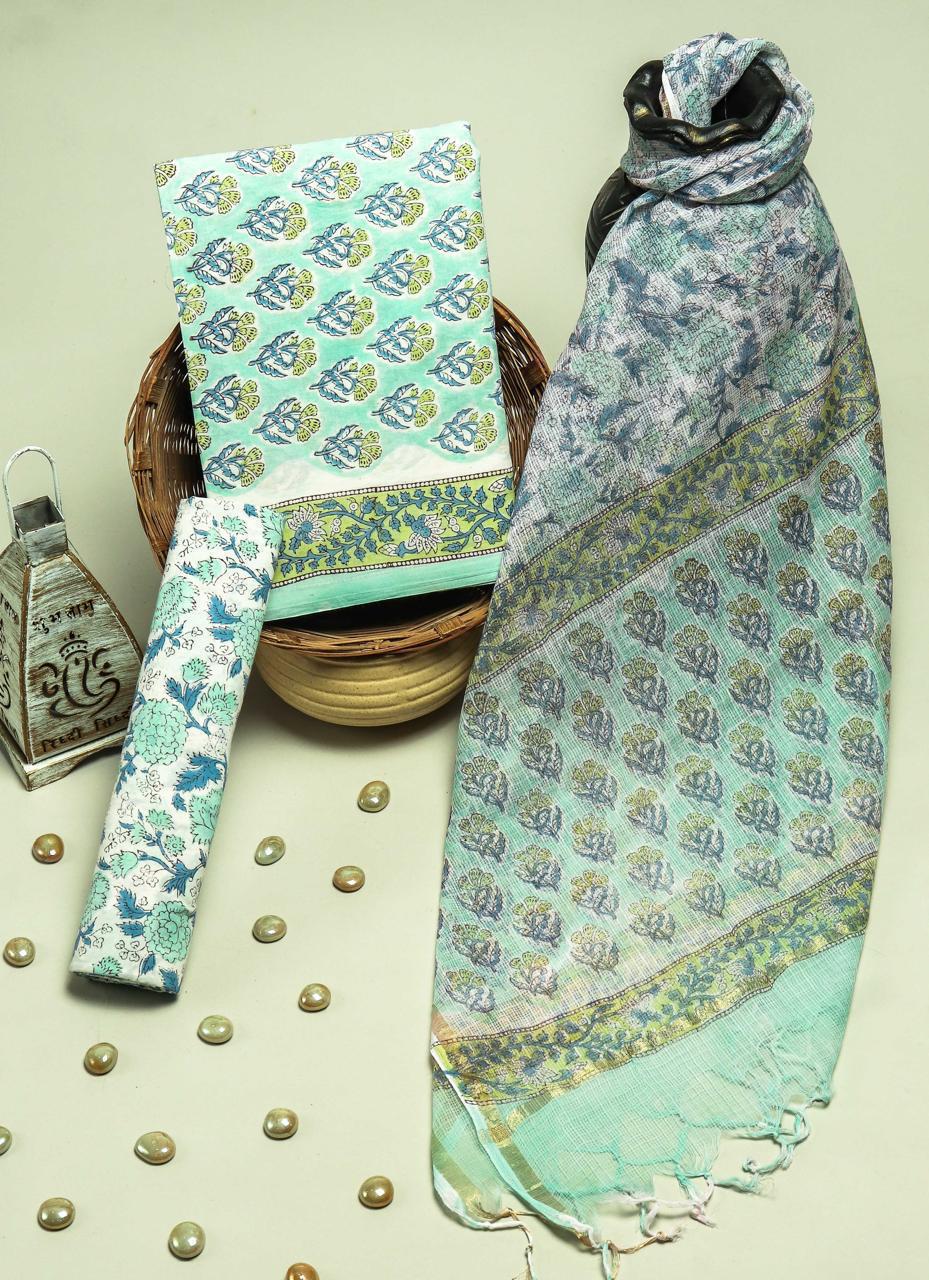 Pure Cotton Hand Block Printed Suit Set With Kota Doria Dupatta