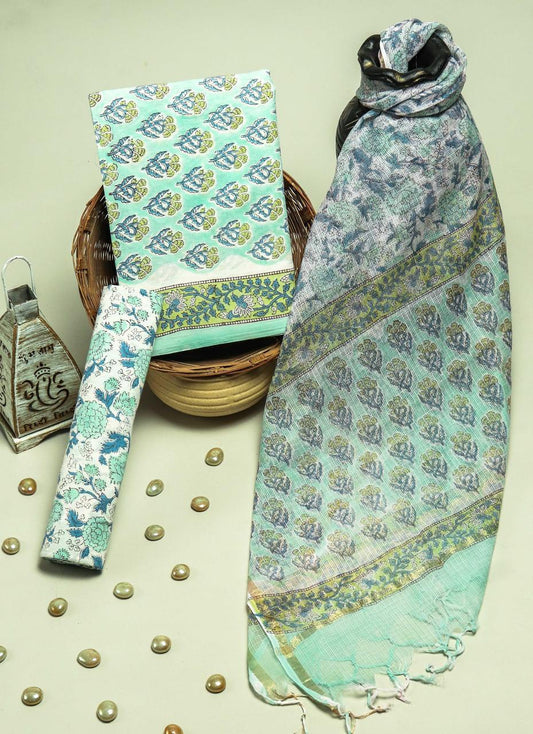 Pure Cotton Hand Block Printed Suit Set With Kota Doria Dupatta
