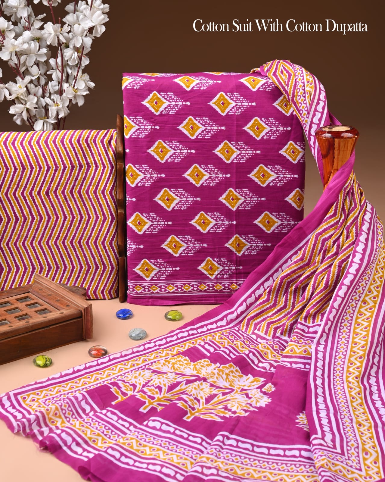 Designer Hand Block Printed Cotton Suit Set With Cotton Dupatta