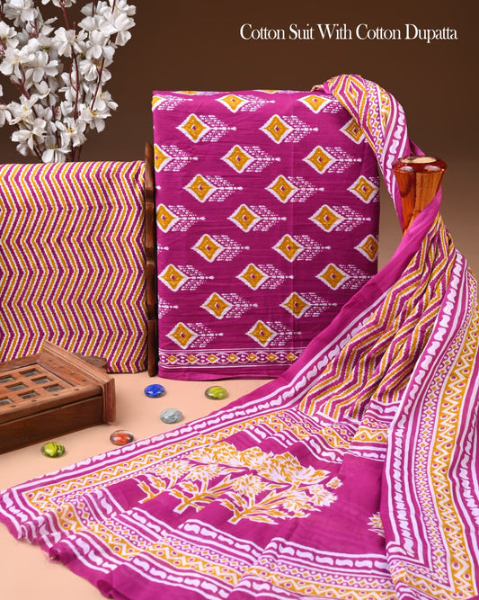 Designer Hand Block Printed Cotton Suit Set With Cotton Dupatta