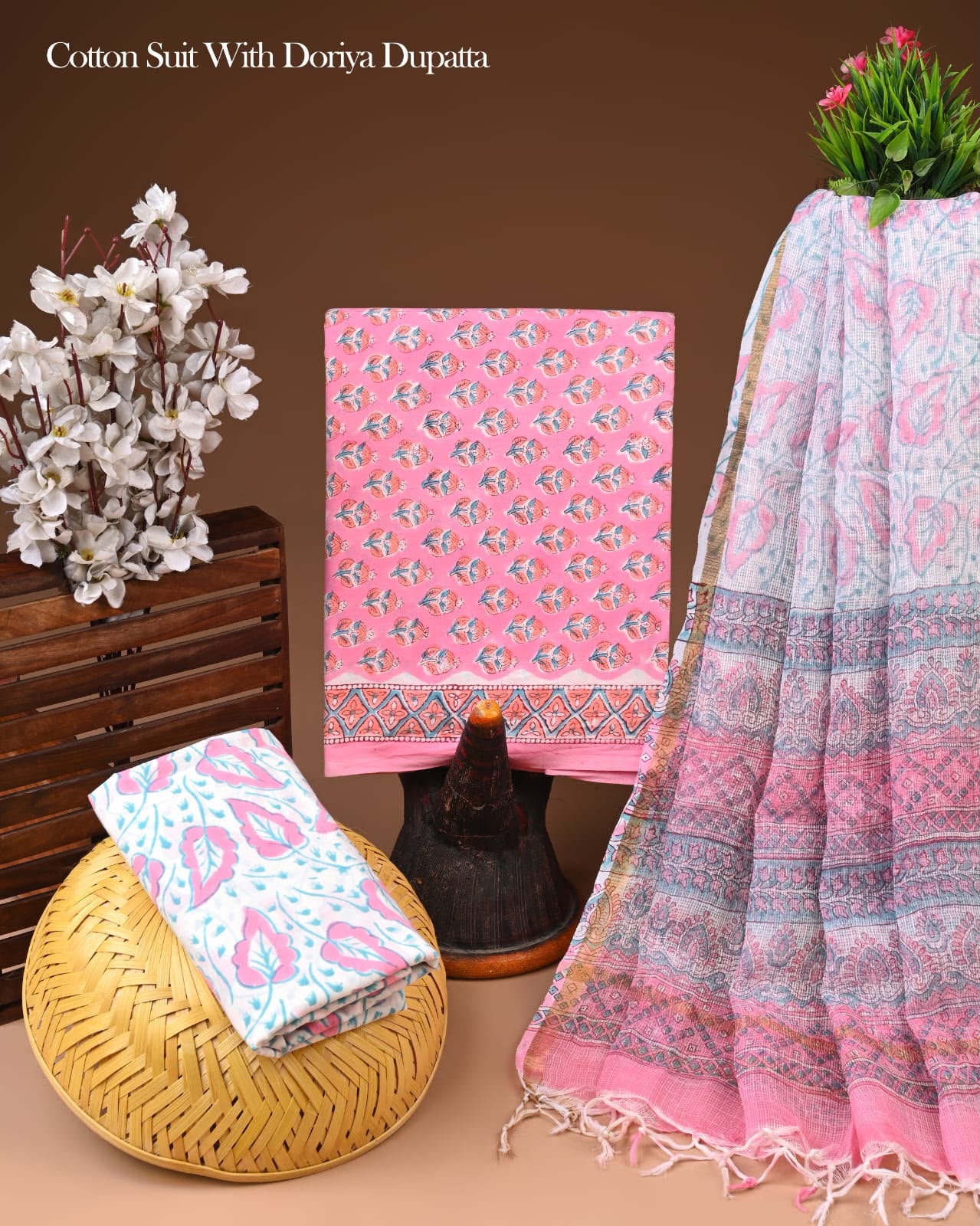 Pure Cotton Hand Block Printed Suit Set With Kota Doria Dupatta