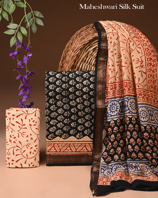 Premium Designer Handblock Printed Maheshwari Silk Suit Set