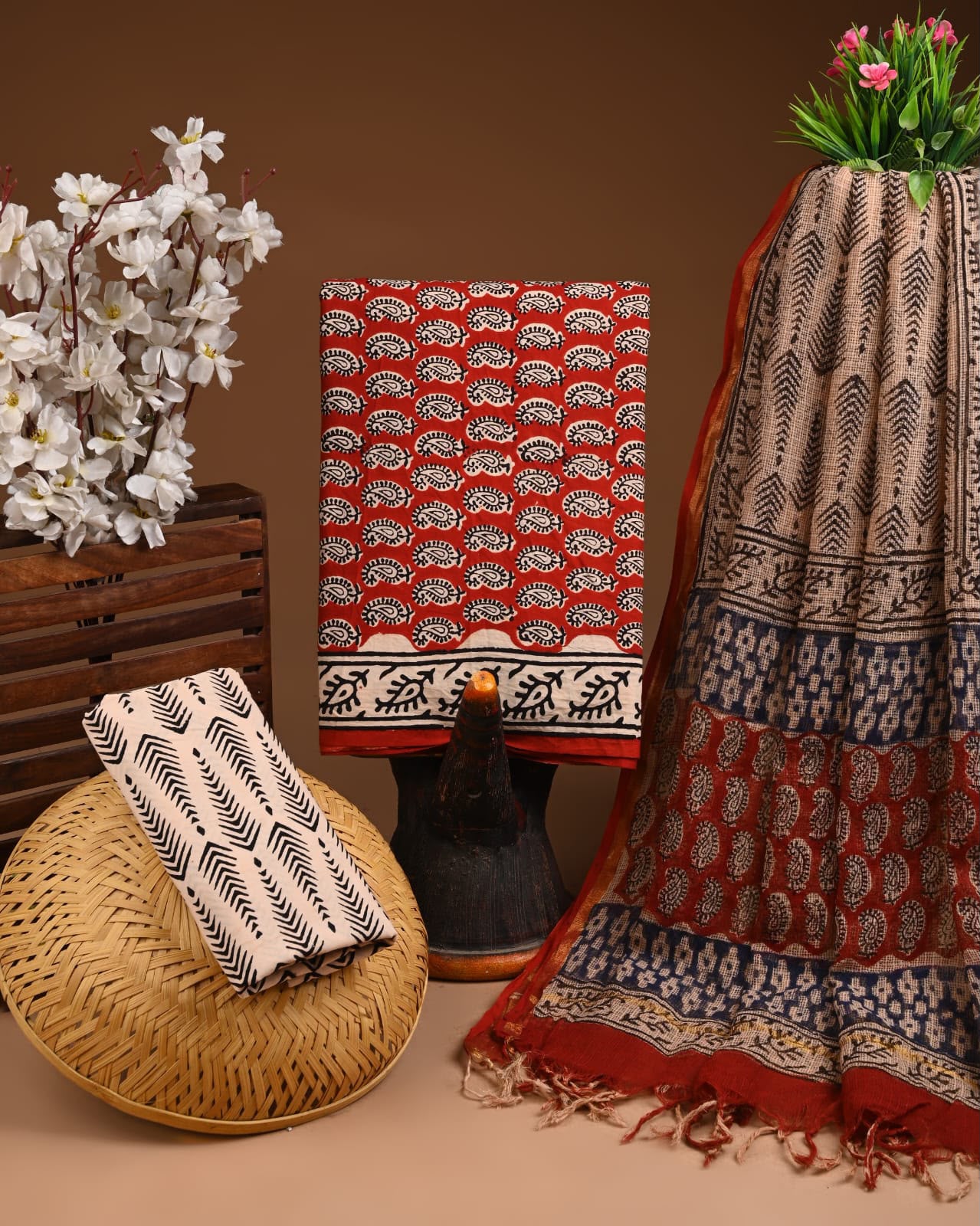 Pure Cotton Hand Block Printed Suit Set With Kota Doria Dupatta